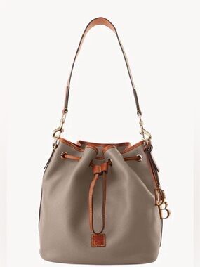 Dooney & Burke Pebble Leather Drawstring bucket in light Taupe with Saddle Trim